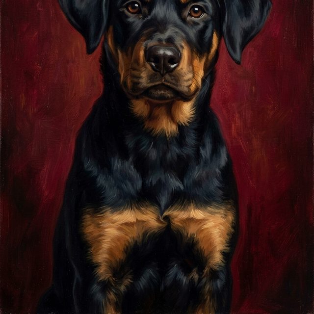 Heritage portrait of a rottweiler on the burgundy background