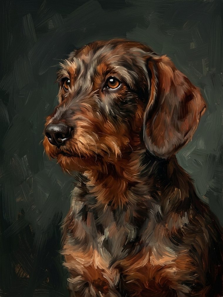Painted portrait of a dachshund on a dark green background