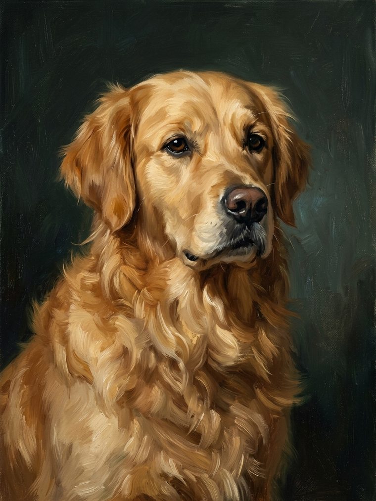 Painted portrait of a golden retriever on a dark green background