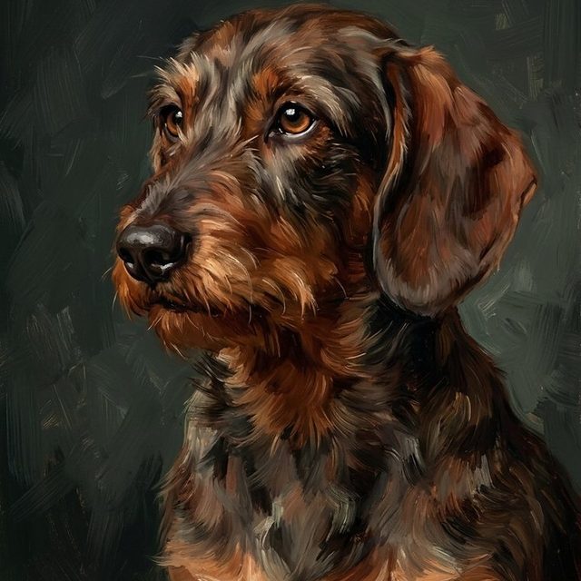 Heritage portrait of a dachshund on the charcoal green background
