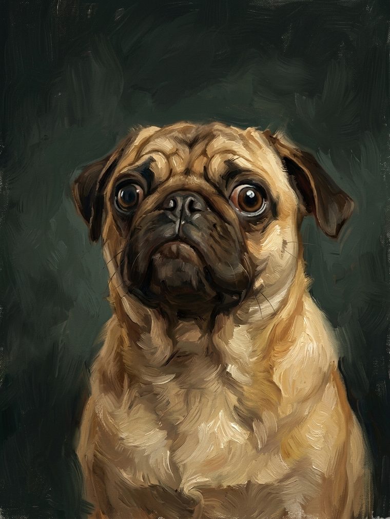 Painted portrait of a pug on a dark green background