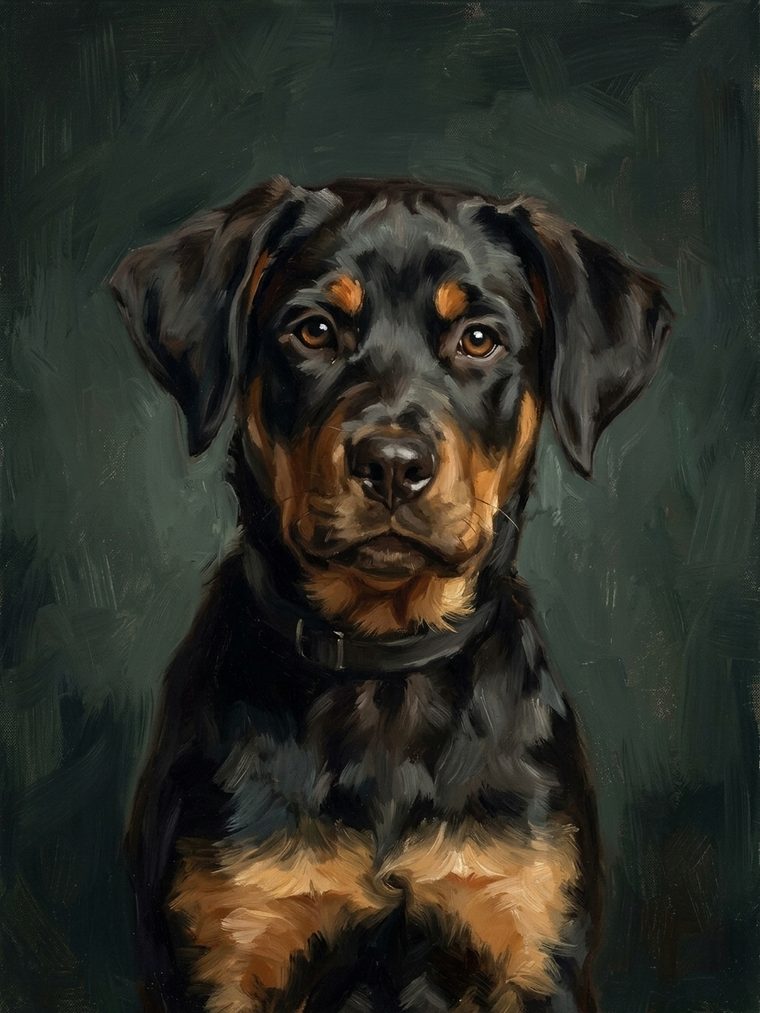 Painted portrait of a black-and-tan dog on a dark green background