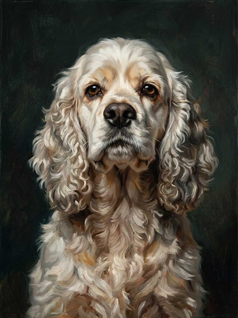 Painted portrait of a spaniel on a dark green background