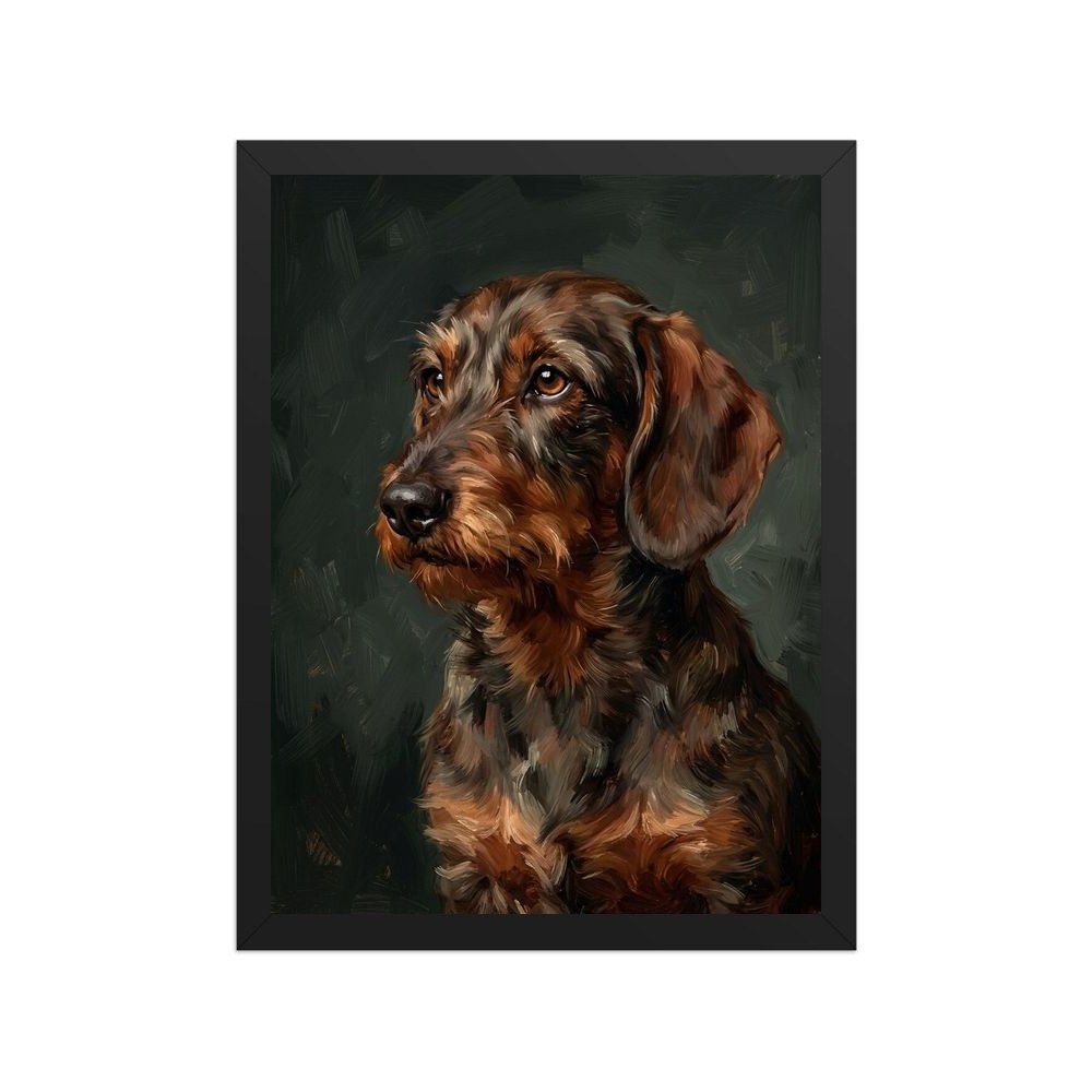 Framed Heritage portrait of a dachshund, the real product photographed straight on