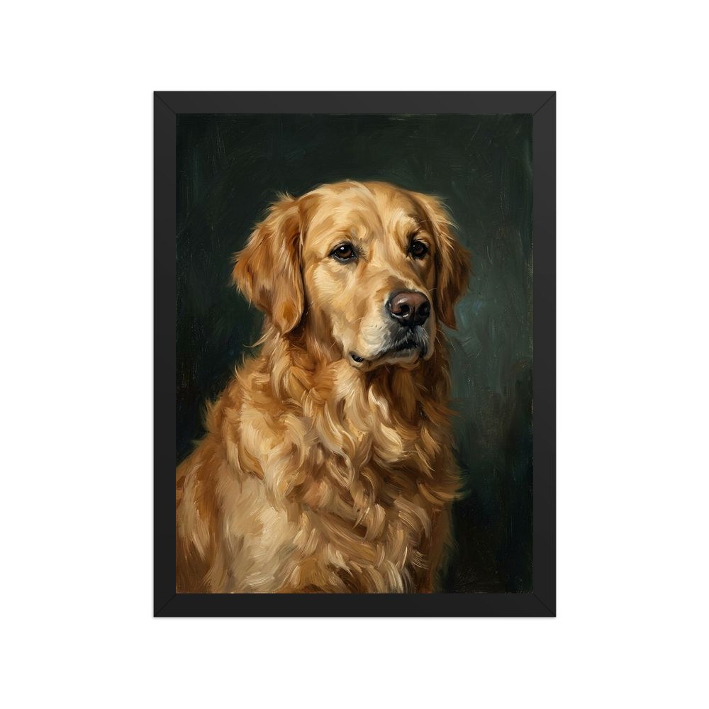 Heritage portrait of a golden retriever in the real black frame — the product, photographed straight on