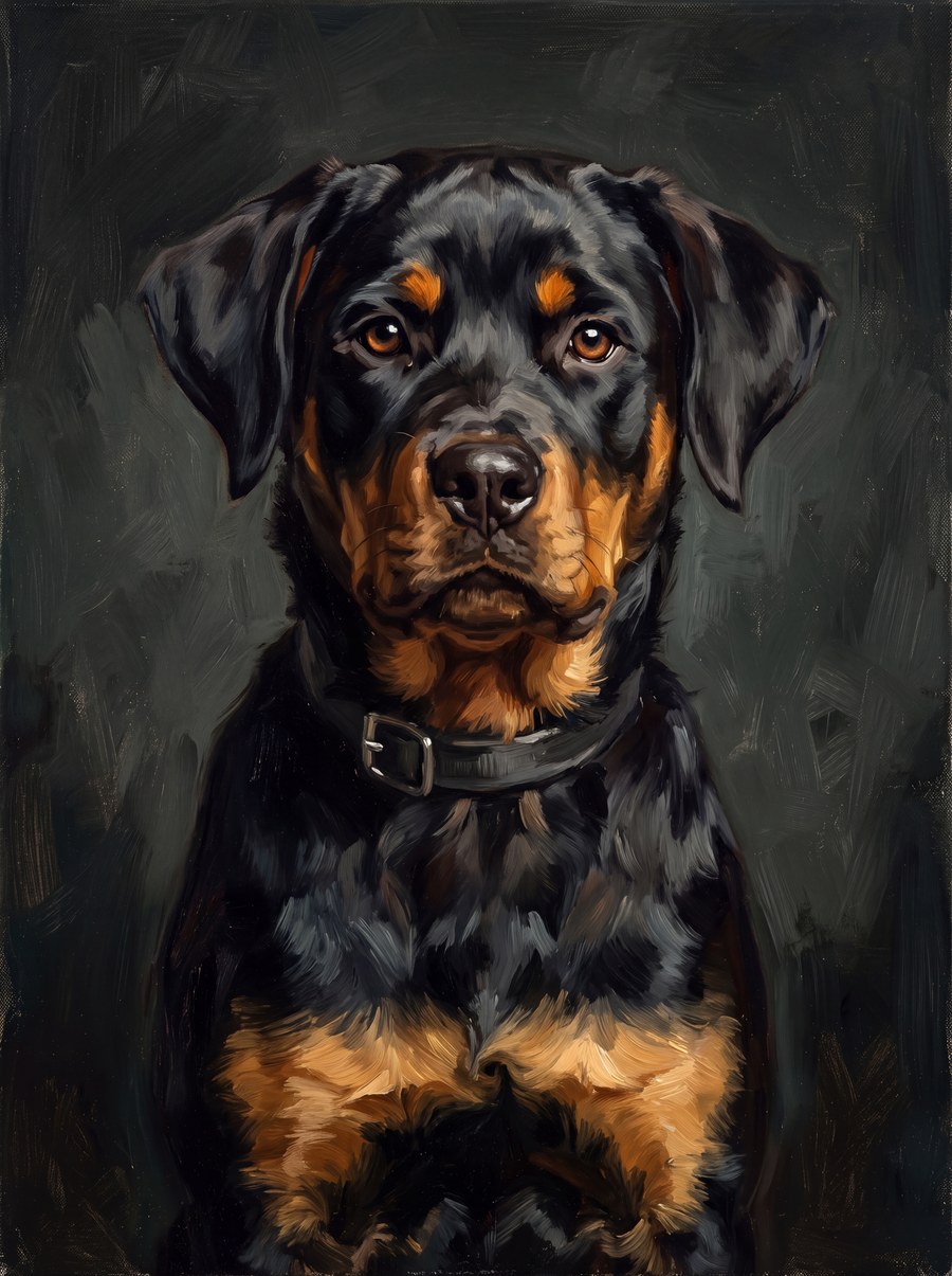 A framed portrait of a black-and-tan dog, painted style, dark green background
